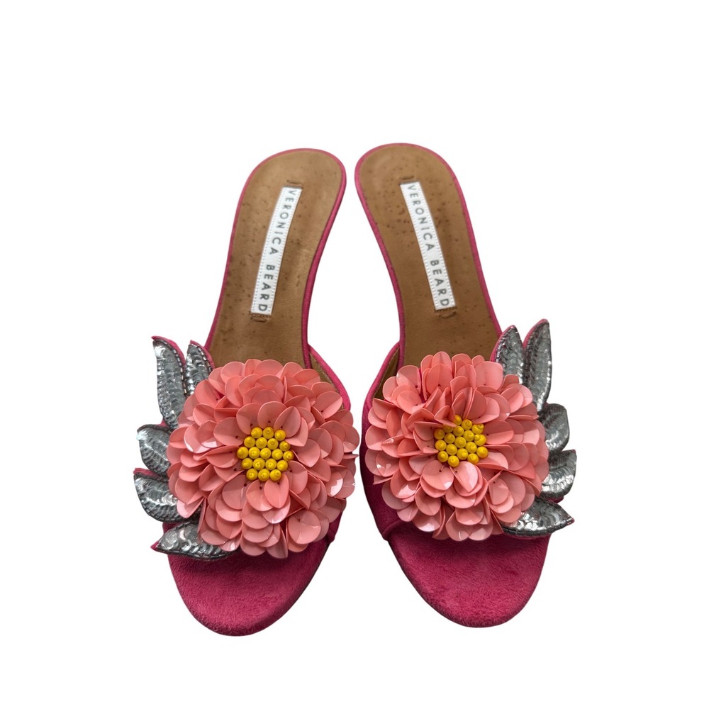 Veronica Beard Pink Floral Sequin Heels Italy 37.5 US 7.5 VB Summer Sandals - Picture 2 of 9